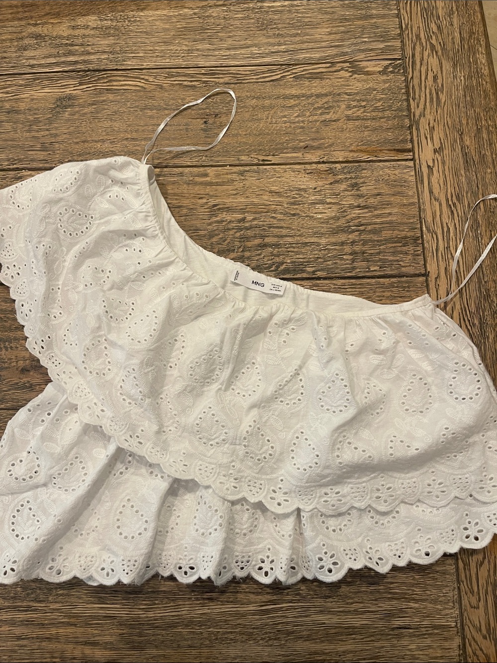 Mango White Eyelet Off-Shoulder Crop Top